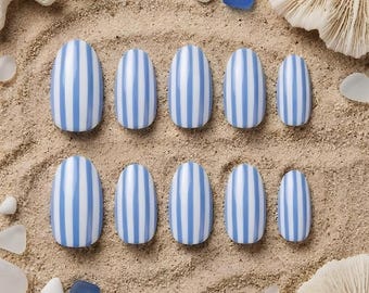 Blue Stripe Press On Nails, Pastel Striped Fake Nails, Short Almond