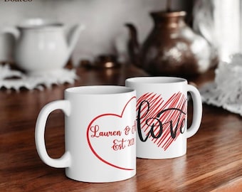 Taza de amor personalizada, taza de aniversario con nombre personalizado, taza de café para pareja, regalo de boda, regalo de San Valentín, taza de dos caras, regalo para pareja
