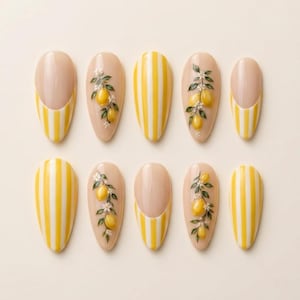 Limoncello 3D Lemon Citrus Yellow Striped French Tip Almond Press On Nails