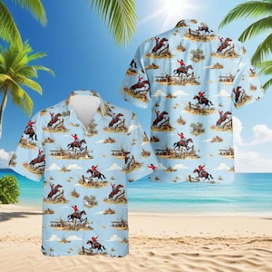 Cowboy Hawaiian Shirt, Vintage Western Aloha Shirt, Horse Rider Rodeo Button Up Country Style Shirt Tropical Unisex, Animal Vacation Shirt