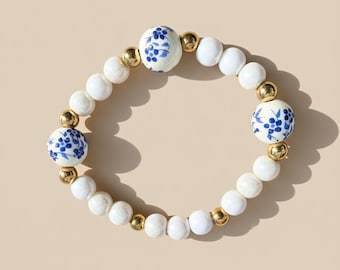 Pulsera de cuentas de porcelana con flores azules, joyería bohemia chic