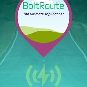May include: A teal and green graphic with the text "BoltRoute: The Ultimate Trip Planner" inside a pink and white pin. A green lightning bolt symbol is at the bottom, with a road background.