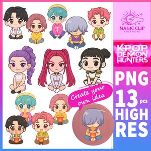 May include: A collection of 13 cartoon-style K-Pop character PNG images. The characters have various hair colors and outfits, some holding bowls of noodles. The image includes the text "KPOP DEMON HUNTERS" and "Create your own idea."