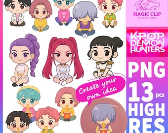 Paquete de 13 personajes chibi de K-Pop Demon Hunters en formato PNG