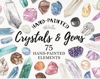 Puede incluir: Ilustración en acuarela de cristales y gemas pintados a mano en varias formas y colores, incluyendo cuarzo, amatista y turmalina. La imagen incluye el texto "Crystals & Gems" y "75 Hand-Painted Elements."