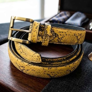 Yellow Python Embossed Leather Belt for Men Handmade Genuine Leather Belt SnakeSkin Pattern Style Dressing Brass Buckle Belt Gift For Him