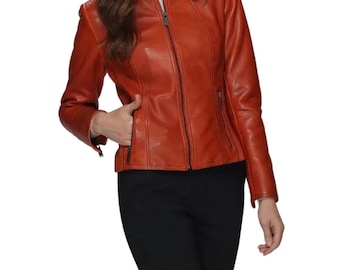 Chaqueta de moto de cuero rojo hecha a mano, corte ajustado, moda de invierno.