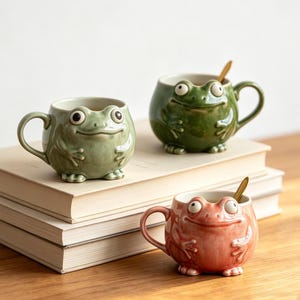 Nyckfull groda keramikmugg, handgjorda keramikmuggar, rolig djurkaffekopp, söt present till grodälskare