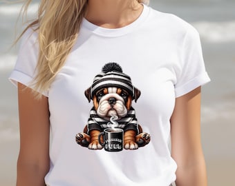 Chagrijnig Franse Bulldog die koffie drinkt | Digitaal grappig Frenchie-ontwerp voor honden- en koffieliefhebbers