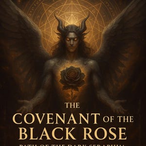 May include: Digital artwork featuring a demonic figure with horns, wings, and glowing eyes, centered against a golden, geometric background. The text "THE COVENANT OF THE BLACK ROSE" is prominently displayed, along with additional text about dark seraphim and fallen angels.