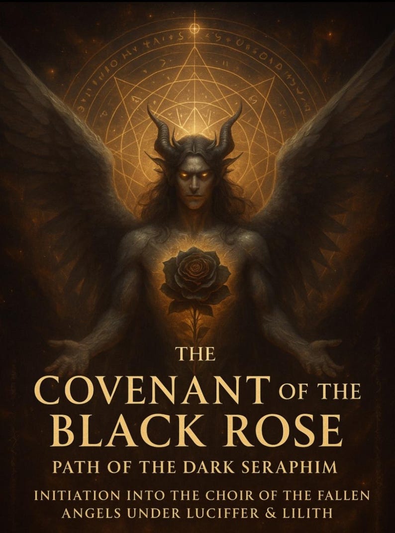 May include: Digital artwork featuring a demonic figure with horns, wings, and glowing eyes, centered against a golden, geometric background. The text "THE COVENANT OF THE BLACK ROSE" is prominently displayed, along with additional text about dark seraphim and fallen angels.