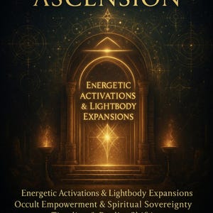 Op de afbeelding: Een digitale kunstafbeelding met de tekst "TEMPLE OF ASCENSION" in gouden letters. De afbeelding toont een gloeiende boog met de tekst "ENERGETIC ACTIVATIONS & LIGHTBODY EXPANSIONS" en andere gerelateerde zinnen. Het algemene thema is spiritueel en mystiek.