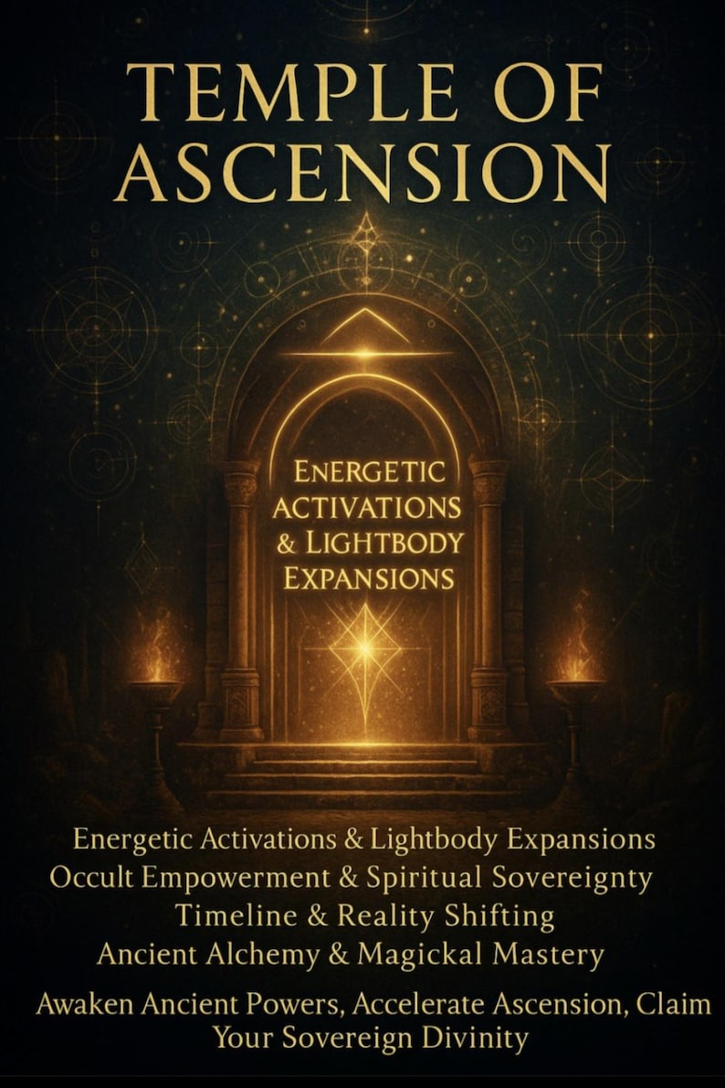 Op de afbeelding: Een digitale kunstafbeelding met de tekst "TEMPLE OF ASCENSION" in gouden letters. De afbeelding toont een gloeiende boog met de tekst "ENERGETIC ACTIVATIONS & LIGHTBODY EXPANSIONS" en andere gerelateerde zinnen. Het algemene thema is spiritueel en mystiek.