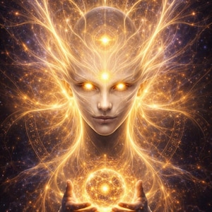 May include: Digital art depicting a celestial being with glowing golden energy emanating from the head and hands. The figure holds a glowing orb, with a starry background and intricate patterns.