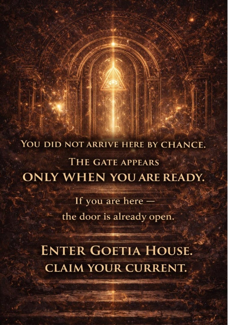 May include: An artistic digital image with a warm, golden color scheme. The image features an arched doorway with text that reads "YOU DID NOT ARRIVE HERE BY CHANCE." and "ENTER GOETIA HOUSE."