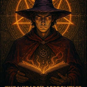 May include: Digital art of a wizard's apprentice with glowing eyes and a dark purple hat, holding an open book with magical energy. The image features a red cloak, a pentagram necklace, and the text "THE WIZARD'S APPRENTICE".