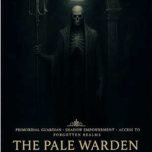 Könnte beinhalten: Dunkle, gotische Illustration mit einer skelettartigen Figur in einer Kapuzenrobe, die einen Dreizack hält. Über dem Kopf der Figur befindet sich ein leuchtendes Dreieck. Der Text lautet "The Pale Warden of the Under-Void Gate" und "Goetia House."