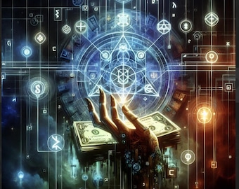 May include: Digital art depicting a hand holding a stack of dollar bills, with a complex geometric design and glowing symbols in the background. The color palette includes blues, oranges, and whites, creating a mystical and technological theme.
