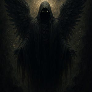 May include: Digital artwork depicting a hooded figure with large black wings and glowing white eyes. The figure is cloaked, with outstretched hands. The word "SARIEL" is at the bottom, with "COPYRIGHT © GOETIA HOUSE" below it. A golden halo and script are in the background.