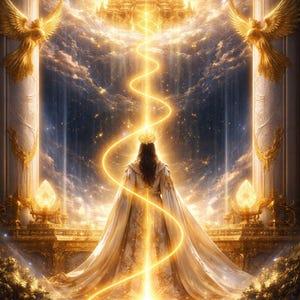 Può includere: Illustrazione digitale di una scena celeste con una figura in abito bianco e corona d'oro, illuminata da una luce dorata. Il testo "THE IMMORTAL GOLD THREAD" è in basso. Due statue di angeli dorati fiancheggiano la scena.