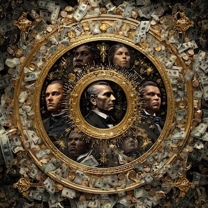 May include: A digital art piece featuring a golden circular frame with portraits of several people. The frame is surrounded by scattered US dollar bills and gold coins, creating a theme of wealth and finance.