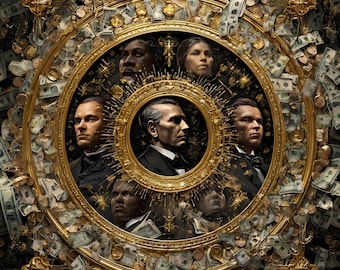 May include: A digital art piece featuring a golden circular frame with portraits of several people. The frame is surrounded by scattered US dollar bills and gold coins, creating a theme of wealth and finance.