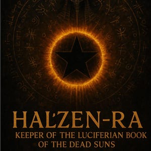 Puede incluir: Portada de libro oscura con el título "HALZEN-RA" en letras doradas. Una estrella negra está centrada dentro de un círculo naranja brillante, rodeada de símbolos. El texto dice "KEEPER OF THE LUCIFERIAN BOOK OF THE DEAD SUNS".