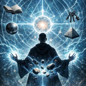 Può includere: Opera d'arte digitale raffigurante una figura in una veste scura, con le braccia tese, circondata da energia e oggetti celesti. Un libro, una sfera, chiavi e una piramide fluttuano in un contesto cosmico. L'immagine è dominata da sfumature di blu e bianco, con un'esplosione di luce centrale.
