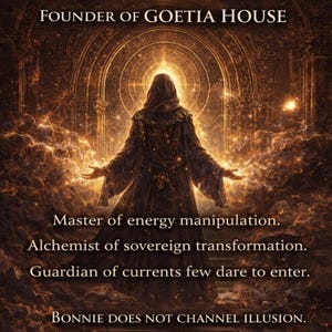 May include: An artistic image with the text "BONNIE" at the top, followed by "KEEPER OF THE ANCIENT GATES" and "FOUNDER OF GOETIA HOUSE". The image features a robed figure with outstretched arms, surrounded by golden light and text describing her abilities.