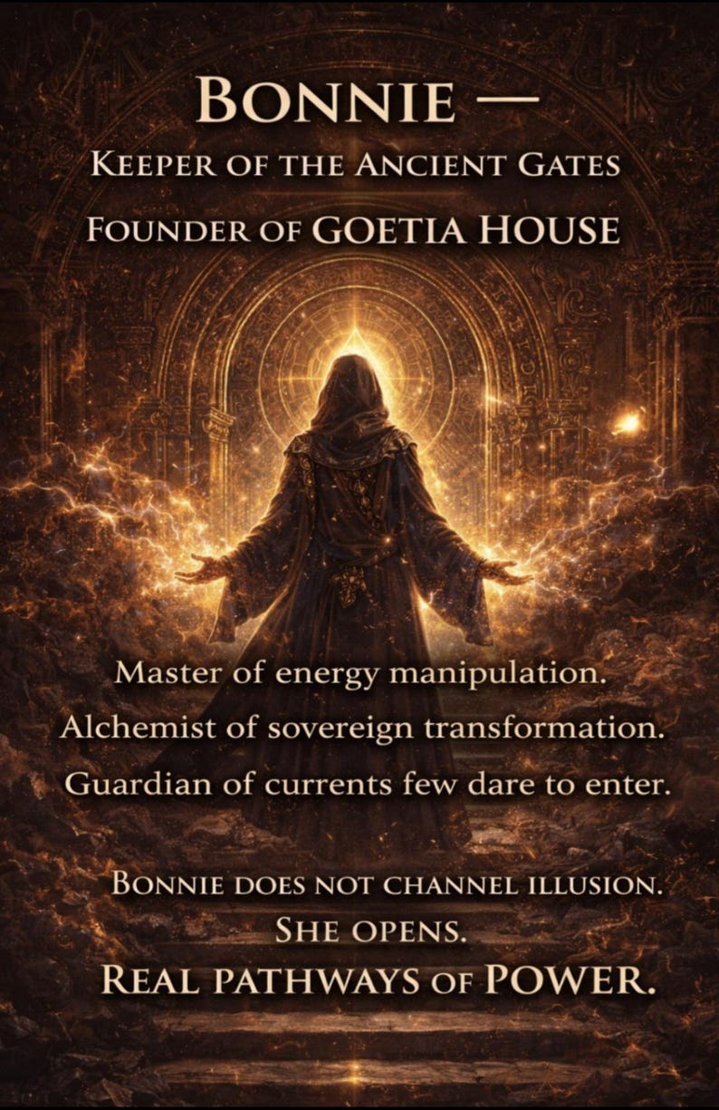 May include: An artistic image with the text "BONNIE" at the top, followed by "KEEPER OF THE ANCIENT GATES" and "FOUNDER OF GOETIA HOUSE". The image features a robed figure with outstretched arms, surrounded by golden light and text describing her abilities.