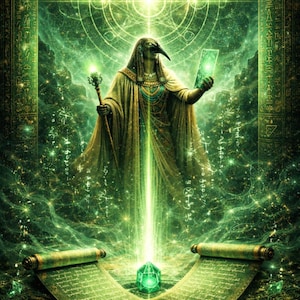Puede incluir: Obra de arte digital que representa una figura con cabeza de pájaro, vestida con una túnica dorada y verde, sosteniendo un báculo y una tableta brillante. La escena está iluminada con luz verde, con pergaminos y patrones geométricos, creando una atmósfera mística.