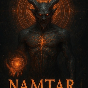 May include: Digital artwork depicting a demonic figure with horns, glowing red eyes, and a fiery aura. The image features the word "NAMTAR" in bold orange letters, with the text "FATE-INVERSION VIRUS RITE" below. The background has an orange circular design.