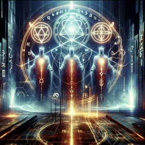 Puede incluir: Obra de arte digital que representa tres figuras etéreas dentro de un círculo geométrico brillante. Las figuras están iluminadas con una cálida luz dorada, sobre un fondo de líneas y símbolos de energía azul y blanca fríos. El tema es místico y abstracto.