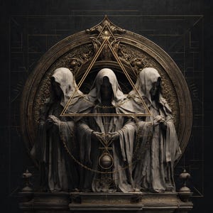 May include: Digital artwork depicting three robed figures with hooded cloaks, set against a golden circular frame. A golden triangle and other geometric shapes overlay the figures. The colour scheme is dark with gold and grey tones.