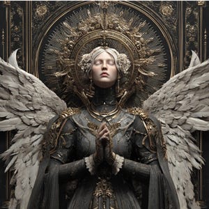 May include: Digital artwork of a figure with closed eyes, wearing a golden halo and headpiece. The figure is dressed in a dark, ornate gown with gold details and large, feathered wings. The background is a dark, textured wall with gold embellishments.
