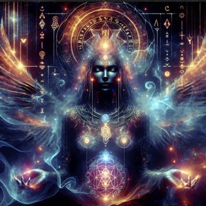 Könnte beinhalten: Digitales Kunstwerk einer himmlischen Figur mit ruhigem Ausdruck, verziert mit aufwendigen goldenen und blauen Details. Das Kunstwerk zeigt leuchtende Flügel, einen Heiligenschein und eine geometrische Kugel vor einem kosmischen Hintergrund.