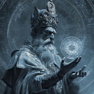 May include: A digital illustration of a wise, bearded figure wearing an ornate crown and robes. The figure is holding a glowing orb with intricate patterns, set against a backdrop of celestial designs. The color palette is primarily cool blues and grays.