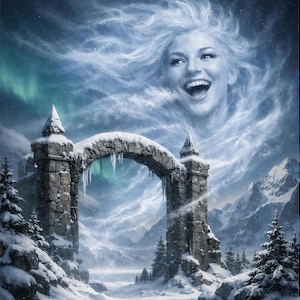 Könnte beinhalten: Digitales Gemälde einer Winterlandschaft mit einem steinernen Torbogen, bedeckt mit Schnee und Eiszapfen. Über dem Bogen bildet sich das lächelnde Gesicht einer Frau in den Wolken, mit Bergen und Nordlichtern im Hintergrund.