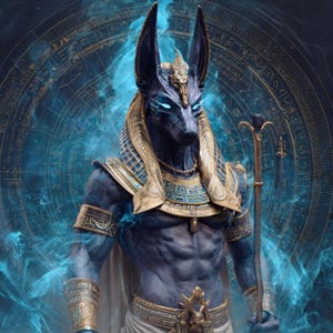May include: A digital artwork depicting Anubis, the ancient Egyptian god of the afterlife. The figure has a jackal head, blue skin, and gold accents on the headdress, collar, and armbands. He holds a staff and is surrounded by blue ethereal energy.