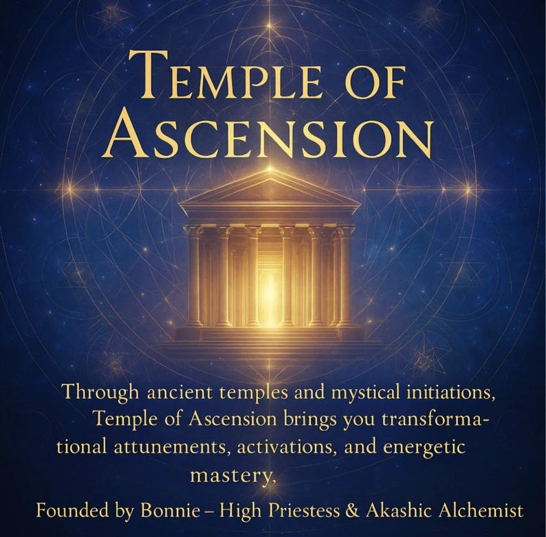 Op de afbeelding: Digitale kunst met een gouden tempel met zuilen, stralend licht, en de tekst "TEMPLE OF ASCENSION" in goud. De afbeelding heeft een blauwe achtergrond met stervormige accenten en extra tekst.