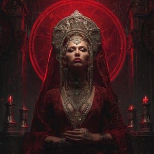 Puede incluir: Obra de arte digital que presenta a una persona adornada con un vestido rojo y un elaborado tocado plateado. La imagen tiene una estética oscura y gótica, con un halo rojo y velas que se suman a la atmósfera dramática. La expresión de la persona es serena.