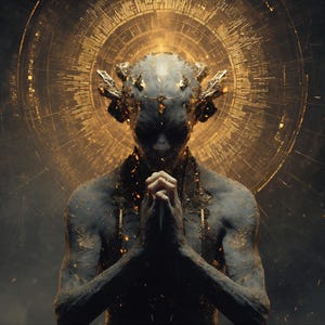 Może przedstawiać: Cyfrowe dzieło sztuki przedstawiające humanoidalną postać o ciemnej, teksturowanej skórze, z dłońmi złożonymi do modlitwy. Postać jest ozdobiona złotymi akcentami i osadzona na świecącym, okrągłym tle ze skomplikowanymi wzorami. Ogólna estetyka jest futurystyczna i duchowa.