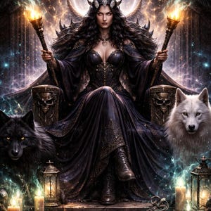 Può includere: Illustrazione digitale di una donna in abito scuro, seduta su un trono, con in mano delle torce. Un lupo nero e un lupo bianco la affiancano. Lo sfondo presenta un alone luminoso ed elementi celesti, con candele e teschi alla base.