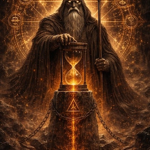 May include: Digital illustration of a robed figure with a crown, holding an hourglass atop a stone pedestal. The image is rendered in warm, golden tones with intricate details, including a scythe and a glowing background.