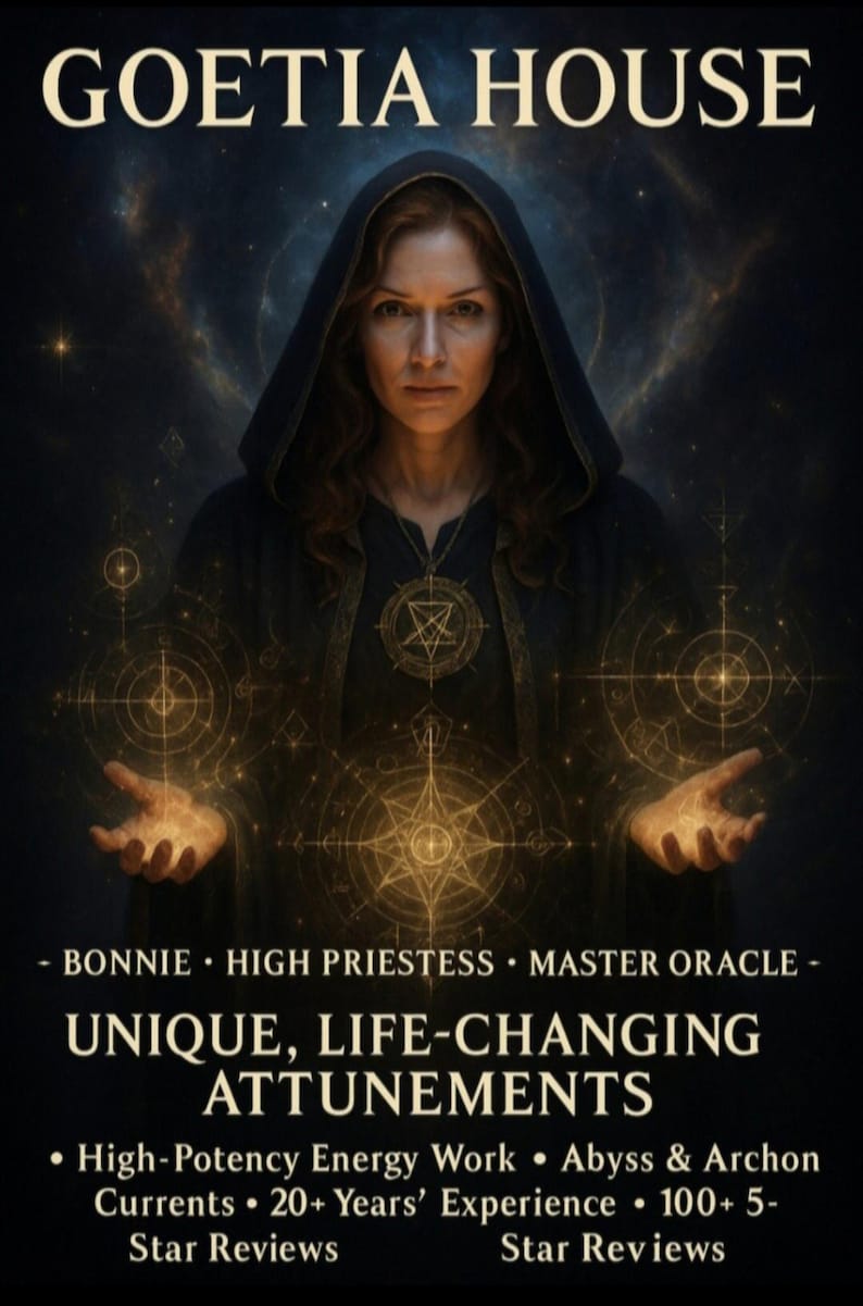 Puede incluir: Imagen con el texto "GOETIA HOUSE" en la parte superior. Una mujer con una capa oscura con capucha est&aacute; en el centro, con orbes brillantes en sus manos. El texto de abajo dice "UNIQUE, LIFE-CHANGING ATTUNEMENTS".