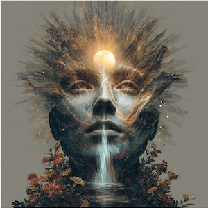 May include: Digital artwork depicting a tranquil face with closed eyes, emanating light from the forehead. The face is a mix of blue and brown hues, with a waterfall emerging from the mouth. Floral details adorn the neck, against a grey background.