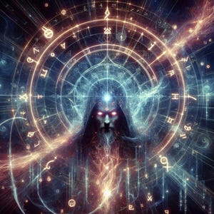 May include: Digital art depicting a robed figure with glowing red eyes, surrounded by a complex network of glowing lines and symbols. The artwork features a celestial theme with a dark, mystical atmosphere, and a central focus on the robed figure.