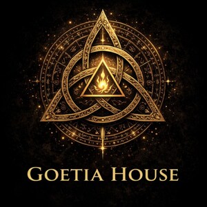 May include: A gold-colored, intricate design featuring a triangle knot with a flame inside, set against a dark background. The design is surrounded by a circular pattern with symbols and the text "GOETIA HOUSE" at the bottom.