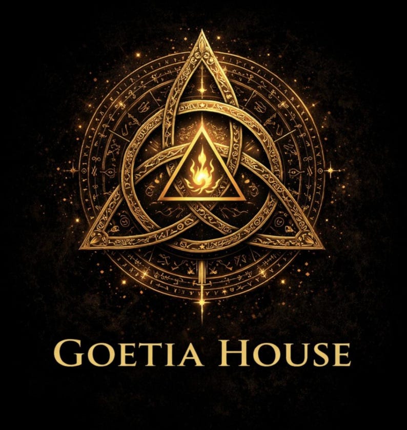 May include: A gold-colored, intricate design featuring a triangle knot with a flame inside, set against a dark background. The design is surrounded by a circular pattern with symbols and the text "GOETIA HOUSE" at the bottom.