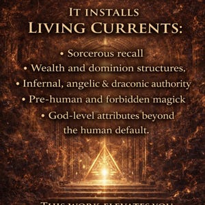 May include: A digitally created image with a brown and gold color scheme. The text reads "GOETIA HOUSE DOES NOT OFFER SPELLS. IT INSTALLS LIVING CURRENTS:" followed by a list of attributes. The bottom of the image says "THIS WORK ELEVATES YOU FROM SEEKER TO WIELDER."